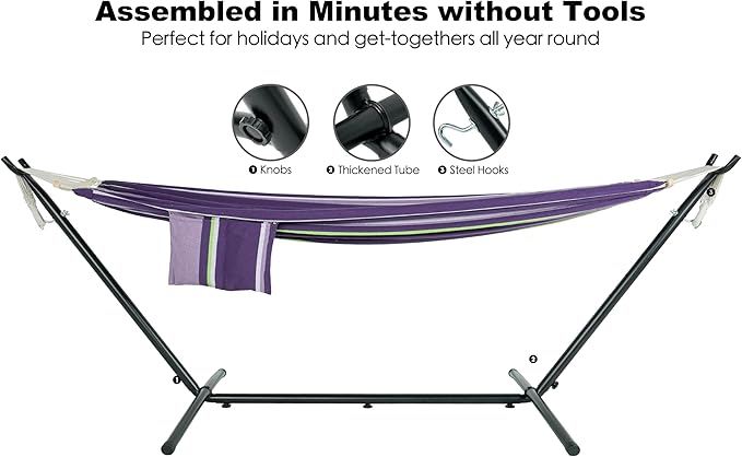 Gafete Double Hammock with Stand for Outside, Upgraded Spreader Bar, Heavy Duty Space Saving Steel Stand 2 Person, Side Pockets, Easy Assembly, 600lbs Weight Capacity (Tranquility Purple)