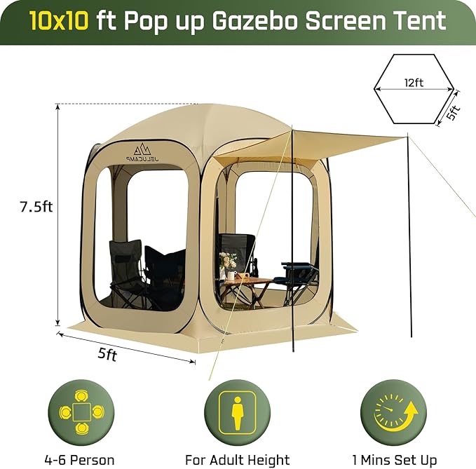 JELUCAMP 10x10 FT Pop Up Screen House Tent - Instant Screened Gazebo Canopy with Mosquito Net, Portable Backyard Tent for 4-6 People, Easy Setup Patio Shelter for Camping, BBQ, Sports & Outdoor