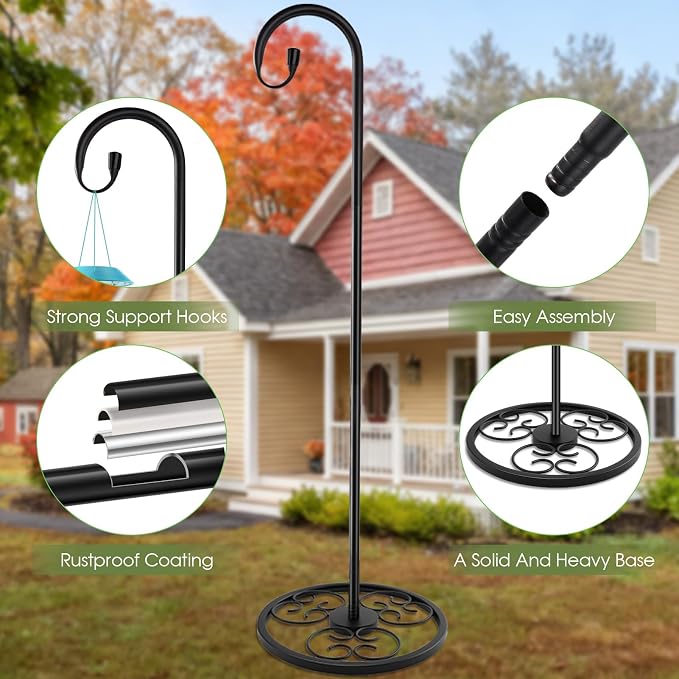 63" Adjustable Shepherd Hook Stand with Round Base Stand for Wind Chime, Bird Feeder, Lantern for Indoor & Outdoor Garden Patio Home Decor. (Single Shepherd's Hook, 63, Inches)