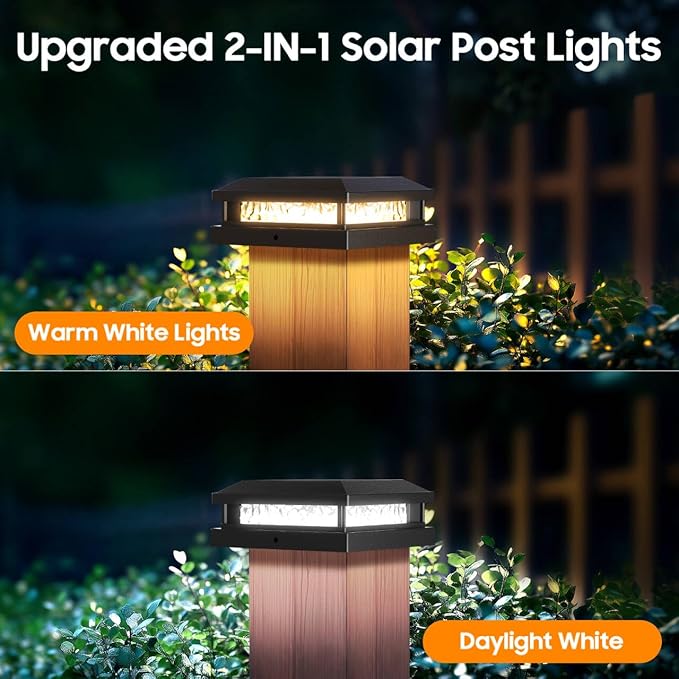 Bosceos 8-Pack Solar Post Lights, 2-Colors Mode 16LEDs Outdoor Decorative Post Cap Lights, Waterproof Solar-Powered Fence Posts Light, Fit 4x4, 5x5 Vinyl/Wooden Posts in Garden Yard Porch Deck, Black