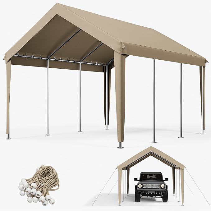 10 x 20 Ft Carport Replacement Cover, Heavy Duty Outdoor Car Tarp Canopy, Waterproof & UV Protected Tear Oxford Tarp with Ball Bungees (Frame is Not Included)