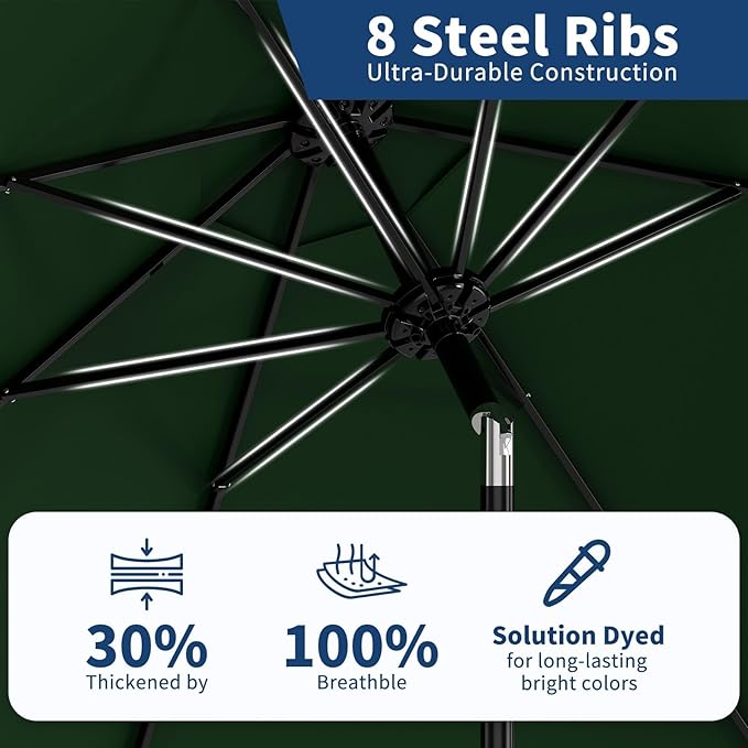 Garvee 10 ft Patio Umbrella - 8 Sturdy Ribs Outdoor Table Umbrella with Crank Lift & Push Button Tilt - Market Umbrella for Pool, Deck, Yard, Garden - Dark Green