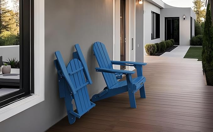 Folding Adirondack Chair Set of 4, Wooden Textured Plastic Adirondack Chairs with 2 Cup Holder, Weather Resistant HDPE Fire Pit Chair, Outdoor Patio Chairs for Garden, Backyard, Lawn, Deck, Blue