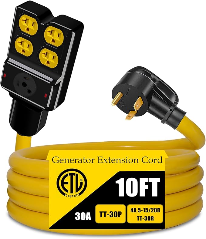 NEMA TT-30P to 4X 5-20R/5-15R&TT-30R Generator Adapter Extension Cord, 3 Prong 30 Amp to 110V,Twist Locking to 15 Amp/20 Amp Household Outlet, 125V 3750 Watts, ETL Listed (10FT)