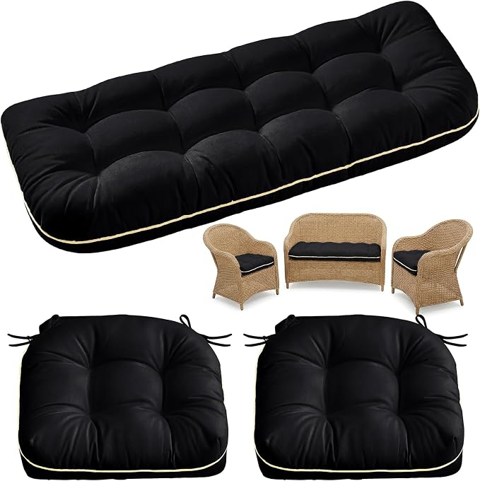 1 MIDDLE ONE Wicker Chair Cushions 3 Pieces Set for Outdoor Furniture, Replacement Patio Wicker Furniture Cushions, 1Pc Loveseat Cushion & 2Pcs Chair Cushions (Black)