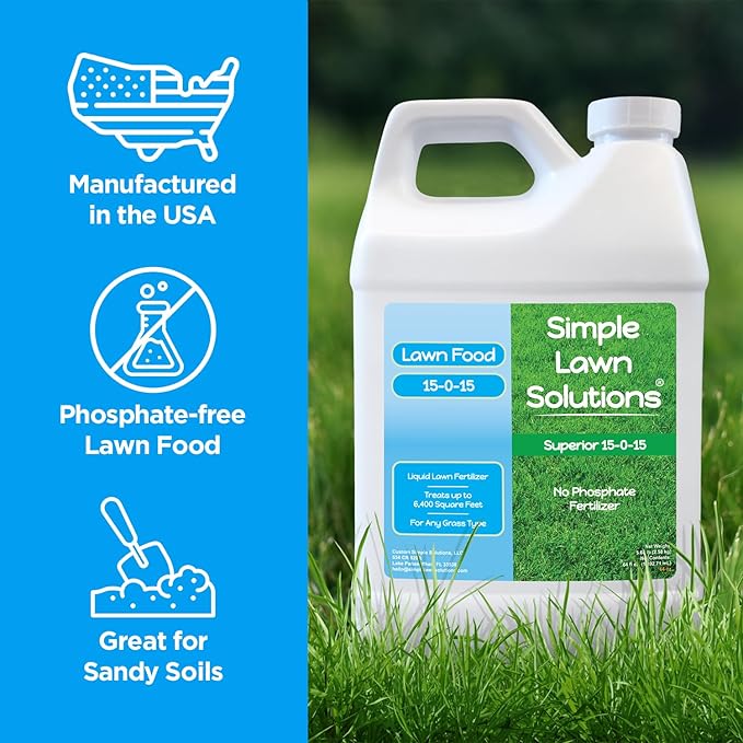 Superior 15-0-15 Liquid Lawn Fertilizer - Lawn Food for Growth & Green - Nitrogen, Potassium, Humic, Fish & Seaweed - Any Grass Type- Simple Lawn Solutions - All Season- Concentrate (64 Ounce)