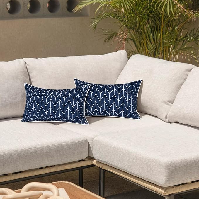 LVTXIII 2 Pack Outdoor Lumbar Pillow Covers 12x20 Inch with Piping, Water-Repellent Back Cushion Covers ONLY for Patio Furniture, Sofa, Garden Bench, Herringbone Navy