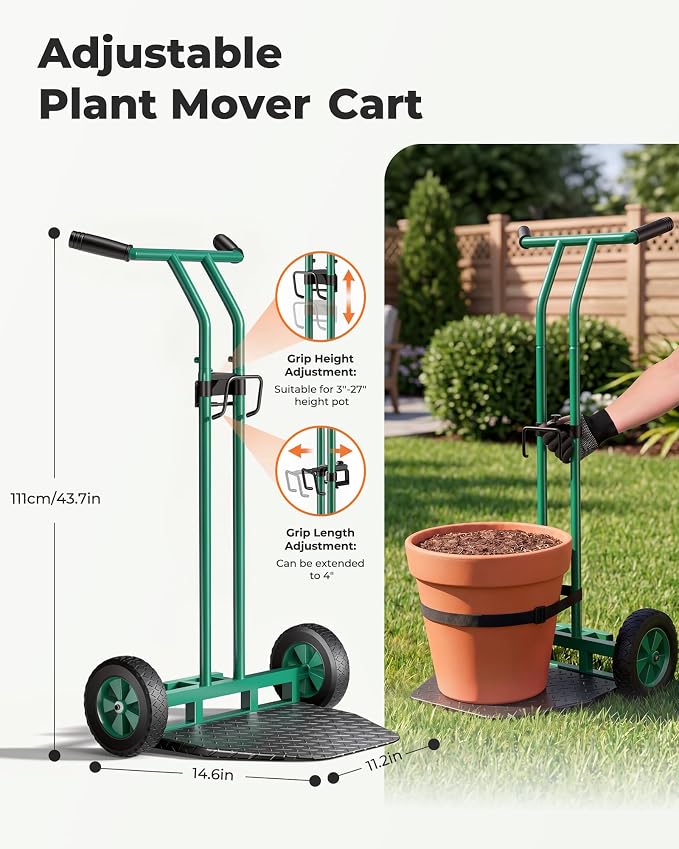 Brightown Plant Caddy with Wheels Heavy Duty, with Adjustable Forks and Grips - 200 lbs Capacity Plant Mover Caddy for Elderly Gardeners | All-Terrain Wheels for Indoor & Outdoor Use, Green