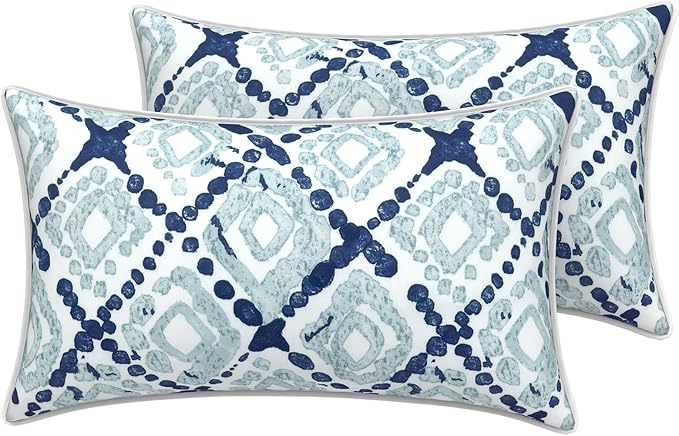 LVTXIII 2 Pack Outdoor Lumbar Pillow Covers 12x20 Inch with Piping, Water-Repellent Back Cushion Covers ONLY for Patio Furniture, Sofa, Garden Bench, Boho Geometry Blue