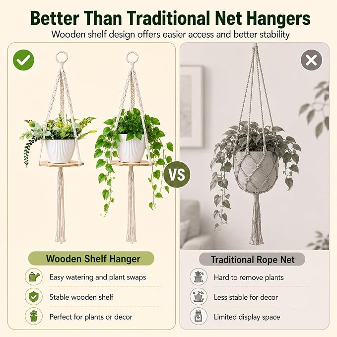 Artilady 2 Pack Macrame Hanging Planter with Wood Shelf, Boho Plant Hanger for Indoor Plants Basket Holder for Window Balcony Kitchen