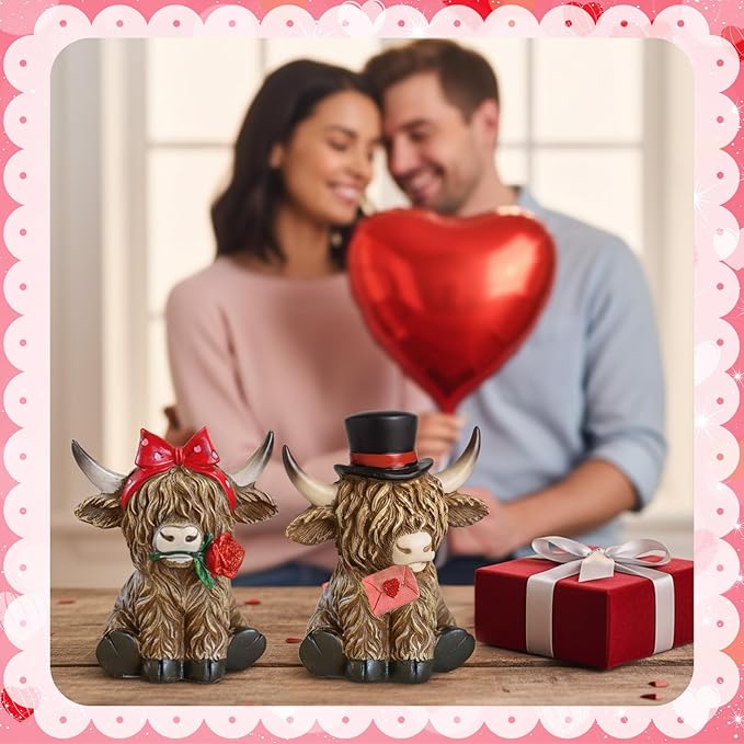 Simgoing 2 Pack Valentine's Day Highland Cow Figurines Love Heart Highland Cow Gnome with Rose Valentines Couple Statue Sweet Valentines Table Decoration for Farmhouse Tiered Tray Garden Home