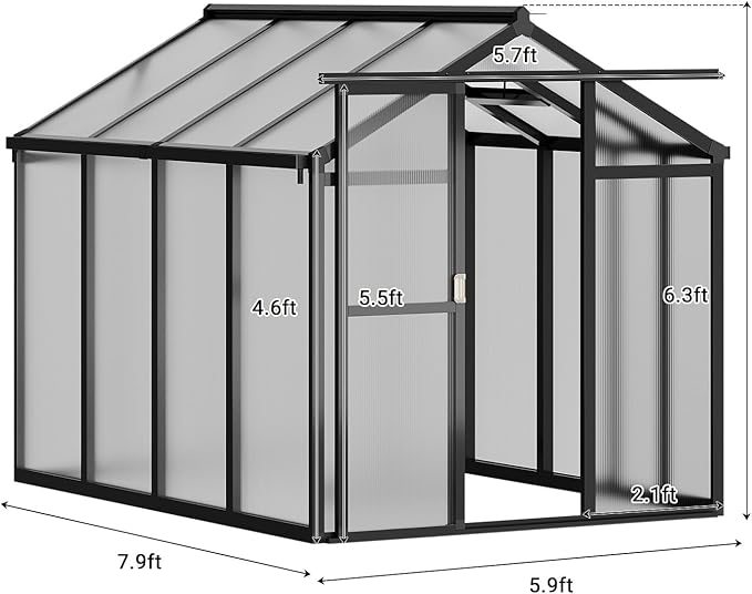 GarveeHome 6X8 FT Greenhouse, Walk-in Greenhouse Kit with Aluminum Frame, Polycarbonate Panels, Adjustable Roof Vent, Sliding Door, Secure Lock for Outside Garden, Patio, Backyard