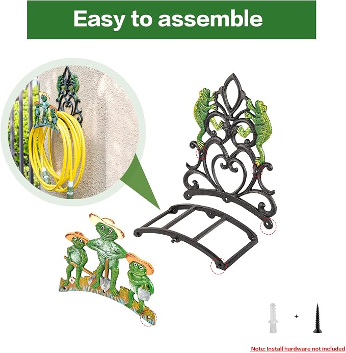 Sungmor Garden Hose Holder Wall Mounted, Large Capacity & Heavy Duty Cast Iron Water Hose Holder for Outside, Pretty & Lovely Hard-working Frogs Hose Reel, Watering Hose Metal Stand Sturdy Pipe Hanger