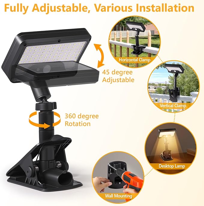 Clip on Solar Lights Outdoor with Motion Sensor, 360°Rotatable & Vertically Adjustable Solar Fence Lights with 92 LEDs (600 LM, 3000 K), IP65 Waterproof Security Light for Chain Link, Gutter, Camping
