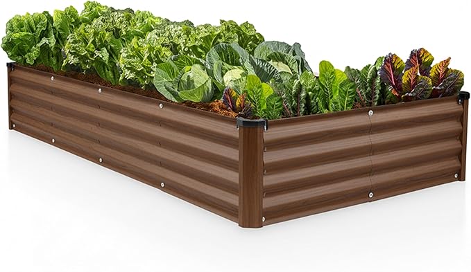 Plant & Plot Galvanized Raised Garden Beds Outdoor // 8×4×1 ft Planter Raised Beds for Gardening, Vegetables, Flowers (Dark Wood Grain) // Large Metal Garden Box // Patented Tool-Free Design