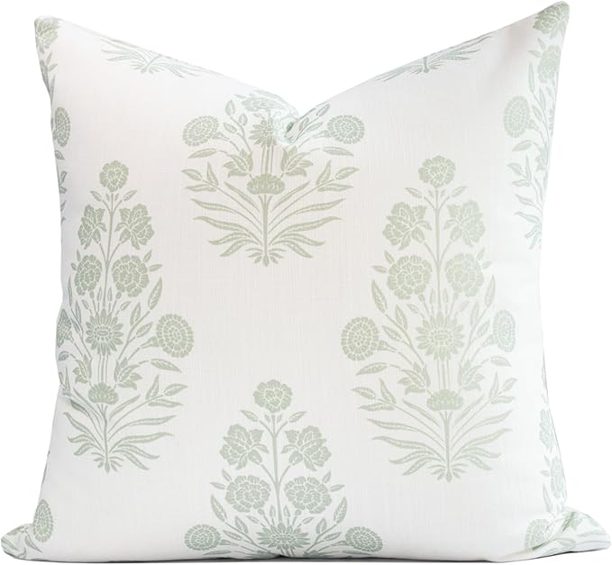 Crumbs Home Modern Farmhouse Fall Linen Indoor Outdoor Throw Pillow Cover Only, 20"x20" Water Repellent for Patio, Backyard, Couch, Light Green Neutral Floral