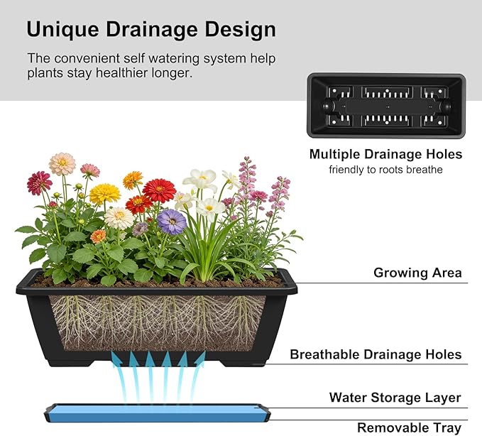 Railing Planter Box 2 Tier Window Boxes Planters Set of 2 with 4 Pack Flower Boxes 16.9 Inch Deck Railing Planter with Adjustable Brackets Black Balcony Fence Hanging Planters for Outdoor Porch Patio