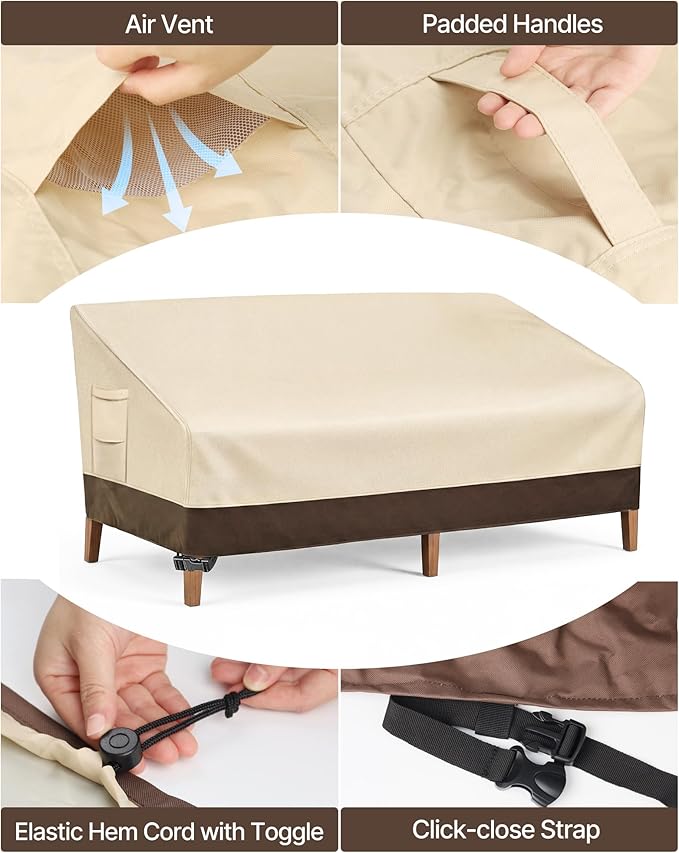 Vailge Heavy Duty Patio Sofa Cover, 100% Waterproof 3-Seater Outdoor Sofa Cover,Lawn Patio Furniture Covers with Air Vent and Handle,60"W x 35"D x 35" H,Beige&Brown