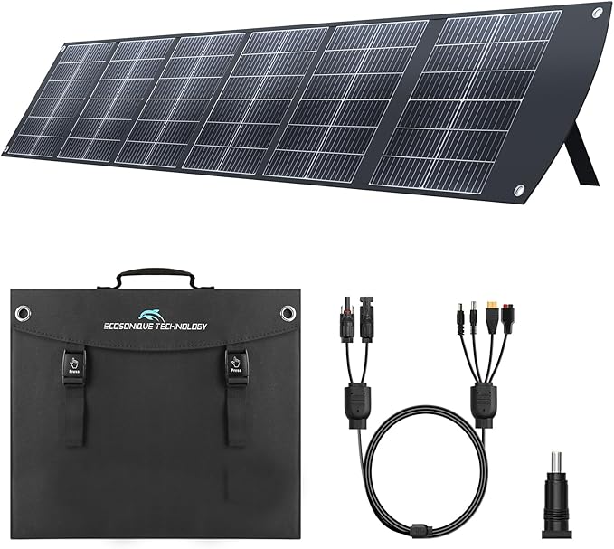 Ecosonique 200W Portable Solar Panel for Power Stations, Foldable & Lightweight with Kickstand, USB-C PD3.0 & USB-A QC3.0, MC4 & Multi-Output for Solar Generators, RVs, Camping, and Outdoor Use