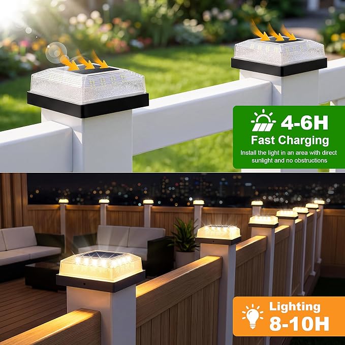 Brightever 3.5x3.5 4x4 Solar Post Cap Light Outdoor, 4-Pack Fence Post Solar Lights for Wooden/Vinyl Posts, 3 Lighting Modes, Solar Powered Waterproof Deck Post Lights for Garden Patio, Black