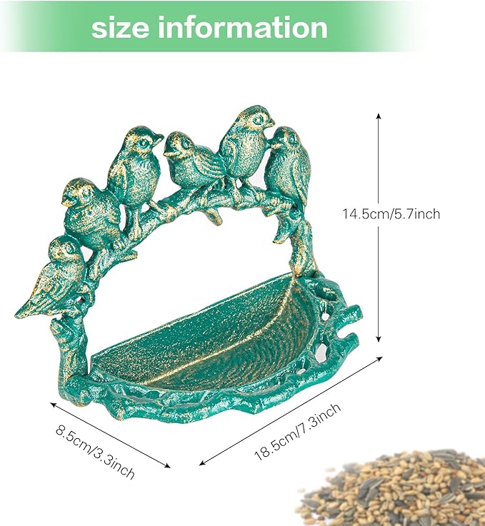 Sungmor Cast Iron Wall Mounted Bird Feeder, Cute Bird Decor Small Water Bath, Wall Hanging Fence Mount Bird Bath Feeder, Beautiful Green Birdfeeder for Garden Backyard Patio Wall Decoration