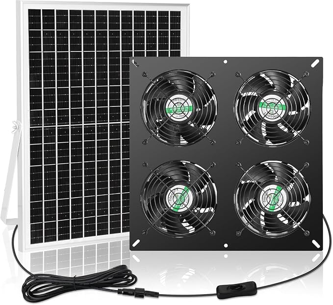 blessny 25W Solar 4 Fan Kit for Outdoor Greenhouse, Solar Powered Vent Exhaust Ventilation Fan for Chicken Coop, Shed Air Circulation, 14.7 Ft Long Cord with IP65 Weatherproof Rate