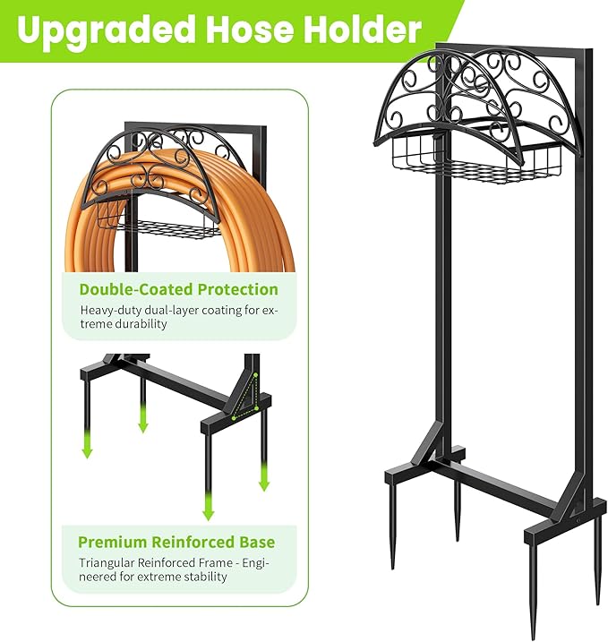 Garden Hose Holder – Freestanding Water Hose Stand with Storage Basket, Sturdy Metal Hanger Heavy-Duty Garden Storage Rack for Outside, Supports 151FT