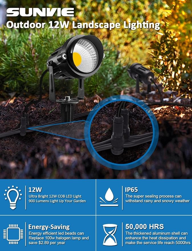 SUNVIE 12W Low Voltage Landscape Lighting Landscaping Lights with Connectors Outdoor LED Landscape Light 3000K Waterproof Tree Flag Lights Low Voltage Lighting with Stand for Garden Yard Path, 16 Pack | 12-24V 3000K Waterproof 900LM Yard Pathway Garden...