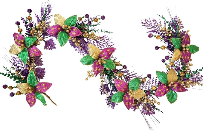 70 Inch Mardi Gras Glitter Garland, Purple Gold Green Poinsettia Flower Garland with Balls for Mantel, Door, Walls, Carnival Indoor Outdoor Home Decor
