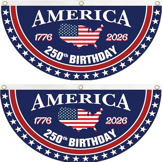 WENWELL 250 Year Anniversary Patriotic Fan Bunting Banner 1776–2026, USA Map Flag Design with Stars, 3x6 FT Large Outdoor Decoration, Brass Grommets, 2 Pack