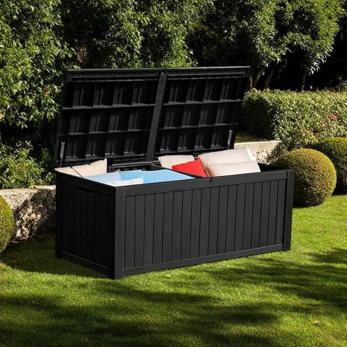 YITAHOME 180 Gallon Large Deck Box w/Divider, XL Waterproof Outdoor Storage for Patio Furniture,Outdoor Cushions, Garden Tools, Sports Equipment and Pool Supplies, Resin, Lockable, Black