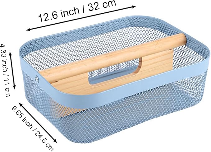 AJIODA Metal Mesh Steel Storage Basket, Garden Harvest Wire Organizer Basket Multi-functional Kitchen Fruit Basket with Wooden Removable Partition & Handle for Bathroom Picnic Decor Cabinet, Blue