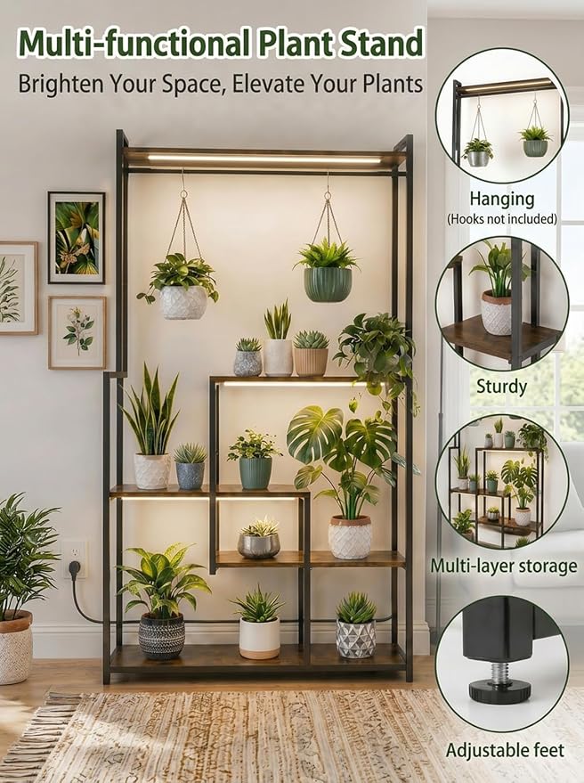 Large Plant Stand with Grow Lights 72", 5 Tier Plant Shelf with 3 Full Spectrum LED Strips & Timer, Heavy Duty Metal Plant Rack for Multiple Pot, Display Shelf for Living Room, Bedroom, Home Decor