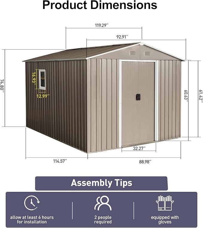 KEIKI 8x10 FT Outdoor Metal Storage Shed with Peaked Roof,Vents,Window and Metal Foundation for Garden Yard