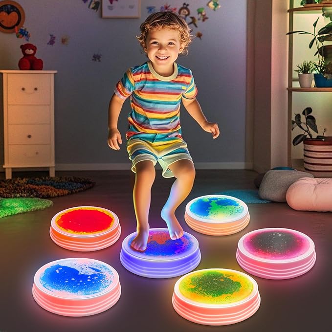 Light Up Stepping Stones for Kids Ages 3+, Sensory Stepping Stones with 7 Glow Colors & Liquid Motion, Non-Slip Toddlers Balance Toys for Coordination & Obstacle Course(6 Pack, Round)