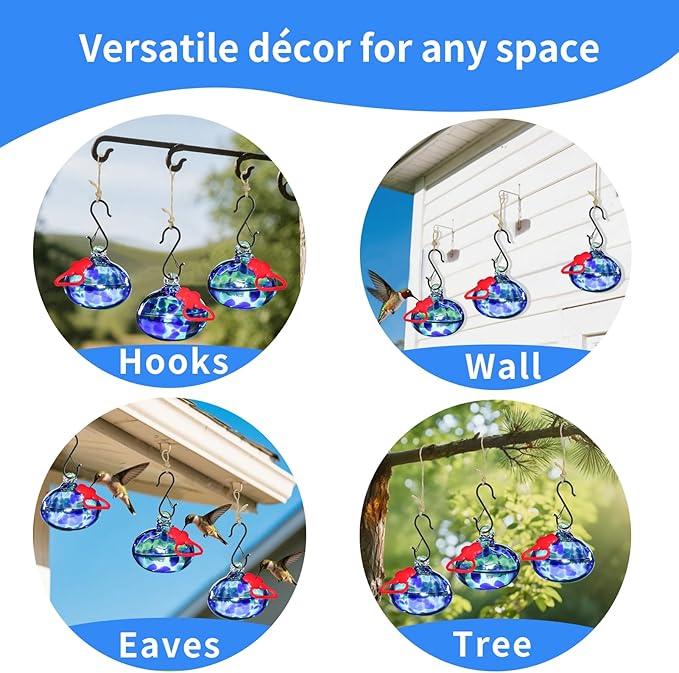 Set of 3 Hummingbird Feeders for Outdoors Hanging,Hand-Blown Glass Hummingbird Feeder with Silicone Feeding Perch,Never Leak,Gardening Gifts for Woman Man
