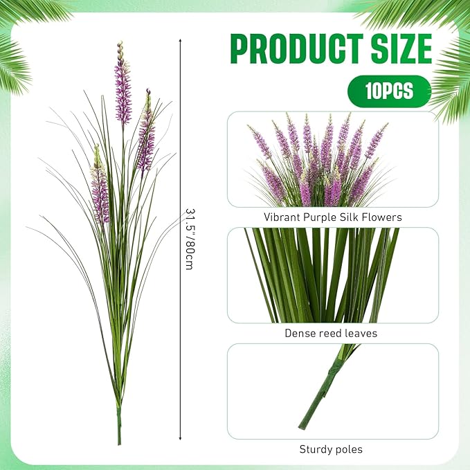 Jexine 10 Pcs Artificial Lavender Flowers 31.5" Tall Faux Lavender Stems with 3 Flower Heads Each, UV Resistant Purple Outdoor Plants Grass for Planter Filler, Porch Garden, Wedding, Home Decor