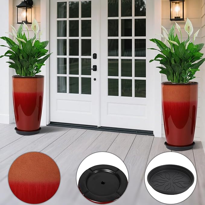 Neoaider Set of 2 Lightweight Ceramic-Look Tall Planter, 21 inch Large Plastic Planter with Drain Hole & Saucers, Large Outdoor Planters for Porch, Garden, Patio, Balcony(Fiery Red)