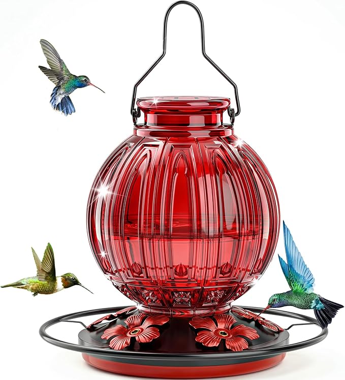 Glass Hummingbird Feeder for Outdoors Hanging, 24Oz Bird Nectar Feeder with Perch & 5 Flower Feeding Ports, Leak Proof for Outside Garden Decor Backyard, Gifts for Women Mom, Red