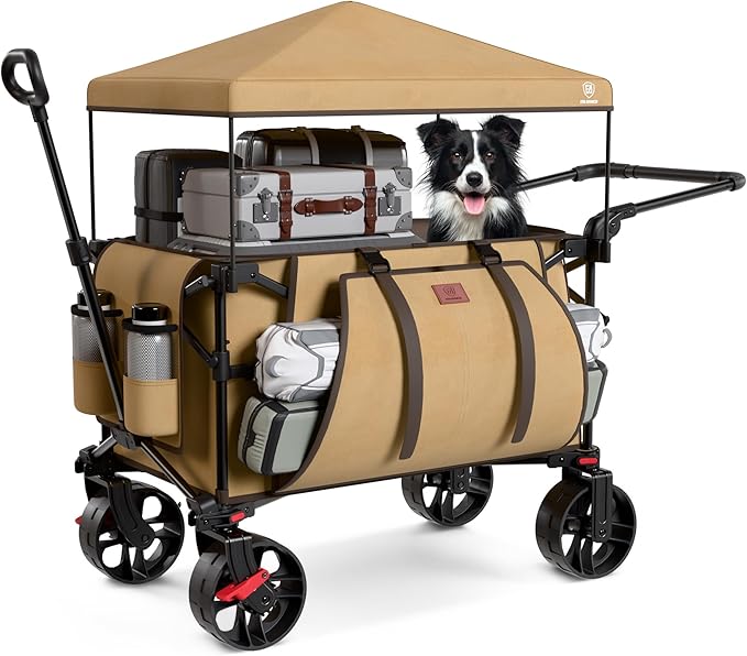 EVER ADVANCED Folding Push Wagon with Canopy, Portable Shopping Cart with Brakes, Collapsible Wagon Cart with All-Terrain Big Wheels for Camping, Beach, Sports