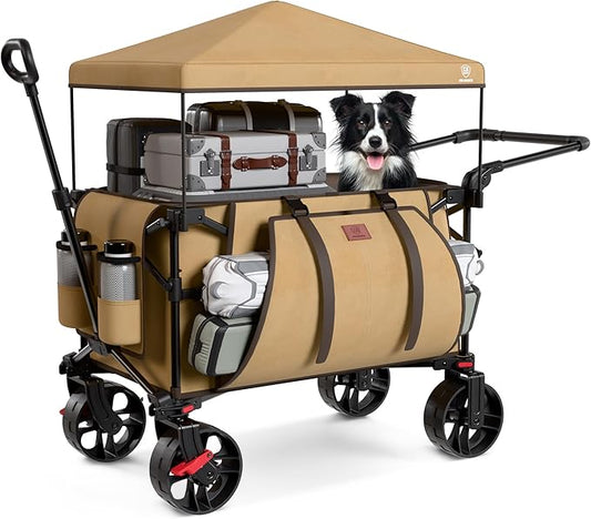 EVER ADVANCED Folding Push Wagon with Canopy, Portable Shopping Cart with Brakes, Collapsible Wagon Cart with All-Terrain Big Wheels for Camping, Beach, Sports