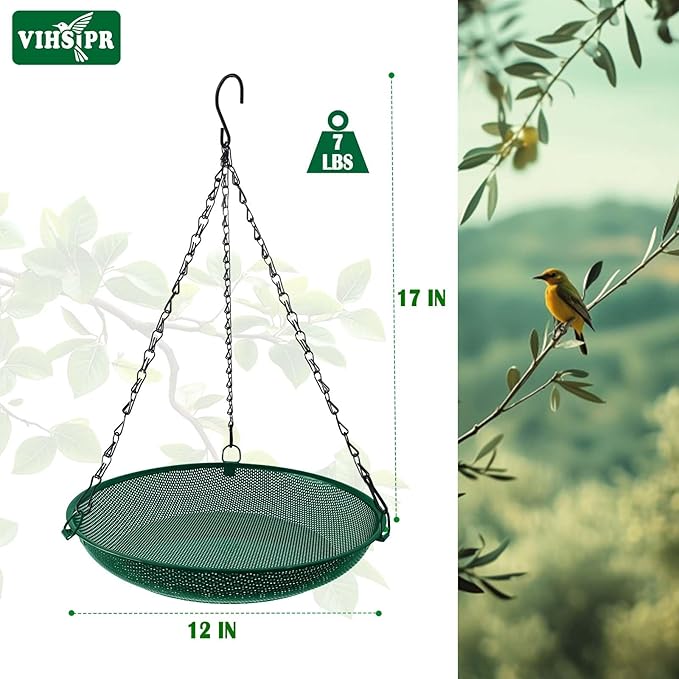 Hanging Bird Feeder for Outdoors – 12 in Platform Bird Feeder, Metal Mesh Seed Tray for Wild Birds, Green