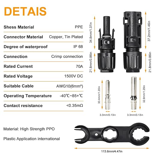 10AWG Solar Panel Cable Connector, IP68 Waterproof, 1500V 70A Tinned Copper Pins, 5 Pairs with 2 Spanners(for 10awg)