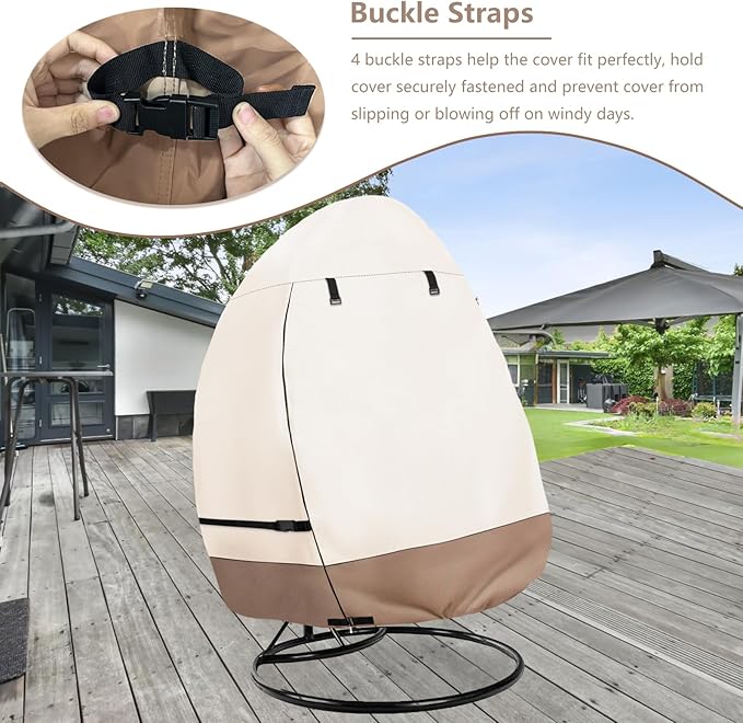 okcool Patio Hanging Egg Chair Cover, Waterproof Heavy Duty Outdoor Double Seat Swing Egg Chair with Stand Cover(Beige & Brown, 66″W x 43″D x 68″H)