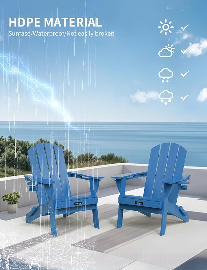 Folding Adirondack Chair Set of 6, Wooden Textured Plastic Adirondack Chairs with 2 Cup Holder, Weather Resistant HDPE Fire Pit Chair, Outdoor Patio Chairs for Garden, Backyard, Lawn, Deck, Blue