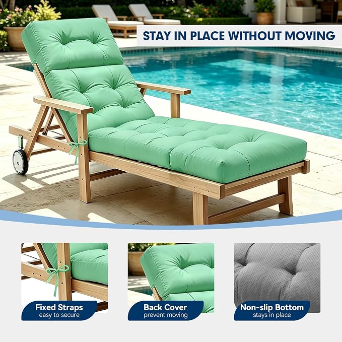 Non-Slip Outdoor Chaise Lounge Chair Cushion, Waterproof 74.4 x 22 x 4.7 Inches Lounge Chair Cushions for Outdoor Patio Furniture with Ties, Pool Chaise Lounge Cushions Replacement, Cyan