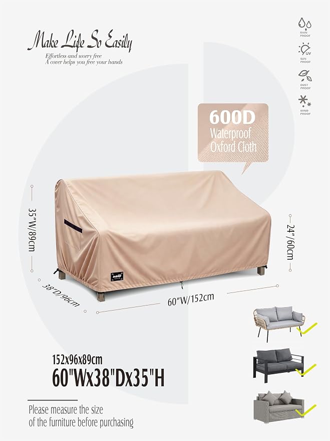 JinHrtoyi 2-Seater Patio Loveseat Cover, 60Wx38Dx35H inches Outdoor Furniture Covers Waterproof,100% Waterproof Heavy Duty Patio Furniture Covers,Light Brown Minimalism Style Outdoor Sofa Cover