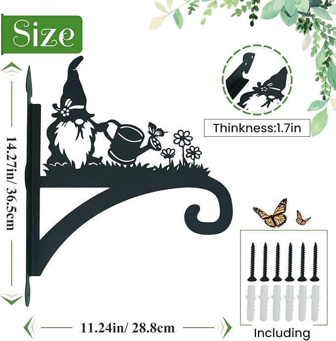 Hanging Plant Bracket Heavy Duty Iron Ornamental Gnome Silhouette Hanging Plant Hangers Outdoor 12 inch Basket Bracket Hook Wall Mounted for Flower Pot, Lantern, Bird Feeder, Wind Chimes