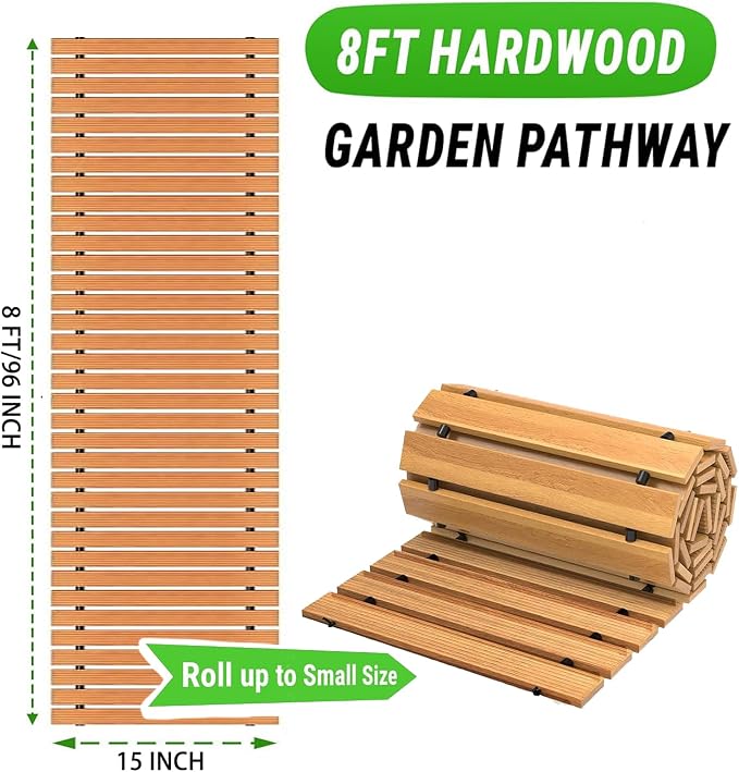 Wooden Garden Pathway Outdoor Walkway - 8 FT Roll Out Outdoor Pathway with Ground Stakes, Boardwalk Pavers for Outside Walkway, Non-Slip Garden Path for Backyard Decor, Lawn Landscaping, Natural