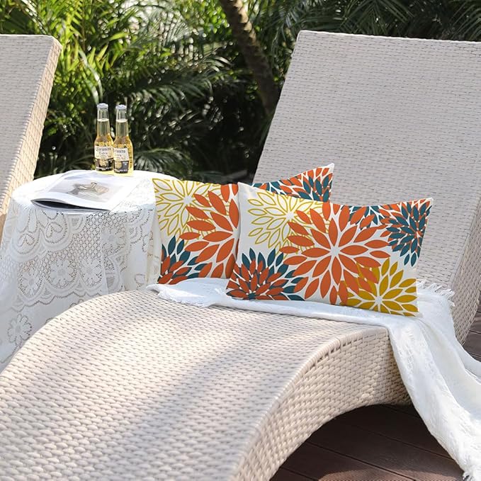 DFXSZ Orange Yellow Flower Pillow Covers 12x20 Inch Set of 2 Fall Throw Pillows Outdoor Waterproof Decor for Living Room Sofa Patio Funiture Garden Floral Polyester Pillow Covers 012E12